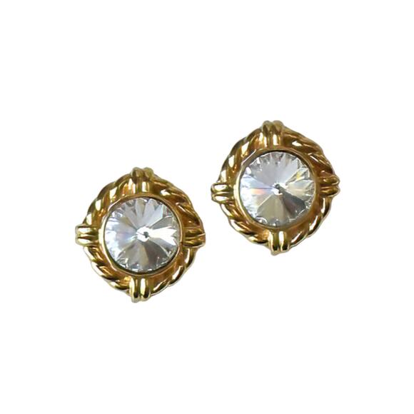 1990s Gold Plated Rope Design Round White Rivoli Rhinestones Clip On  Earrings - Picture 3 of 3